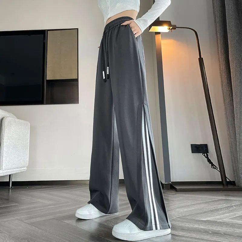 Spring Autumn Women Casual Striped Sports Pants Korean Fashion New Elastic High Waist Versatile Loose Basic Straight Trousers