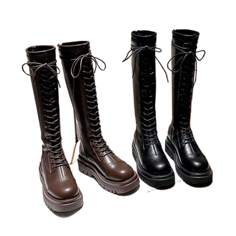 Women's Slimming Knee-High Black Lace-up Riding Boots with Thick Sole 2025