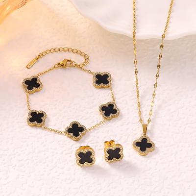 3PCS Fashion Light Luxury Single-sided Diamond Inlaid Clover Lucky Bracelet Necklace Earrings Women's Stainless Steel Set