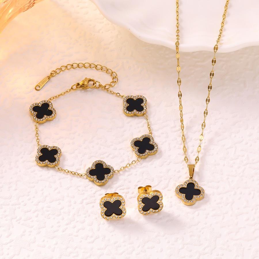 3PCS fashion light luxury single-sided diamond inlaid clover lucky bracelet necklace earrings women s stainless steel set necklace+bracelet+earring чёрный