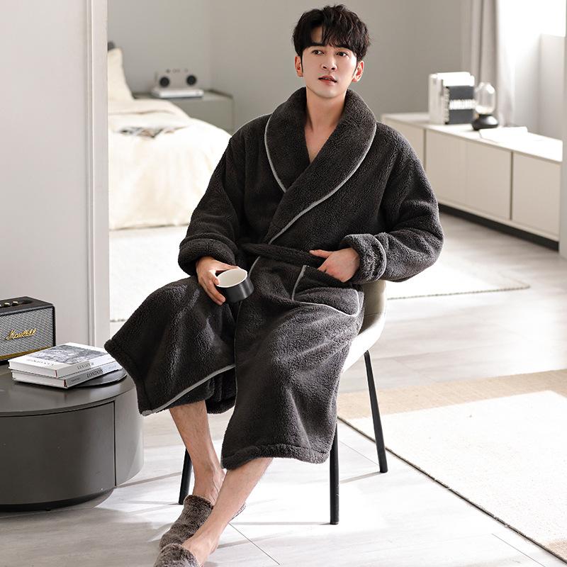 Coral Fleece Nightgown Men'S And Women'S Autumn And Winter Long Knee Bathrobe Large Size Flannel Fleece Thickened Couple Nightgown
