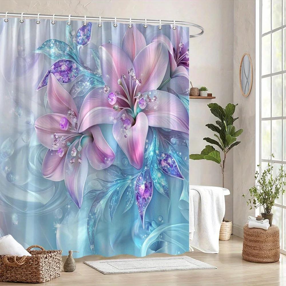 Pastel Lilies with Gem Accents Shower Curtain - Sparkling Pink & Lavender Flowers, Whimsical Magical Design, 12 Hooks