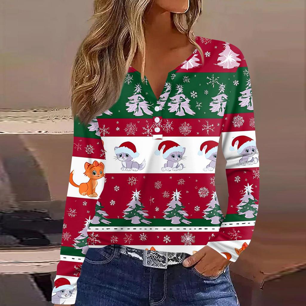 Women's T Shirt Tee Christmas Printed Button Long Sleeve Tunic Daily Weekend Fashion Basic V- Neck Regular Top