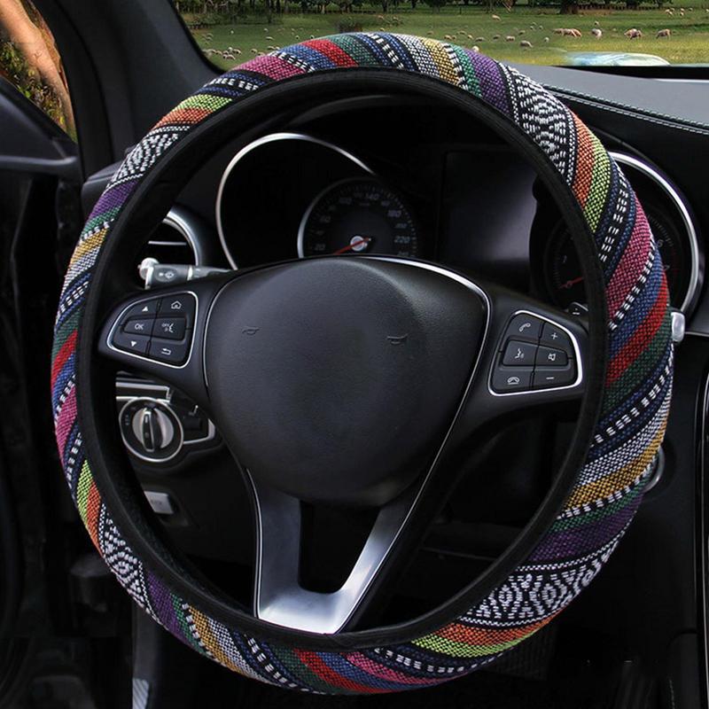 Flax Steering Wheel Cover Elastic Breathable Flax Cloth Cover No Inner Ring Ethnic Style Steering Wheel Decor Cover All Seasons