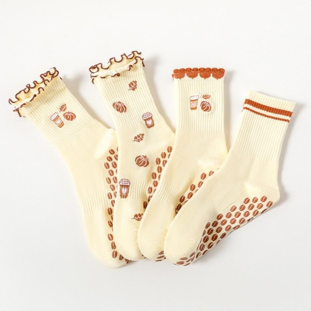 Pumpkin Embroidery Pilates Socks Non-Slip Cuffed Mid Tube Socks Professional Floor Socks for Women