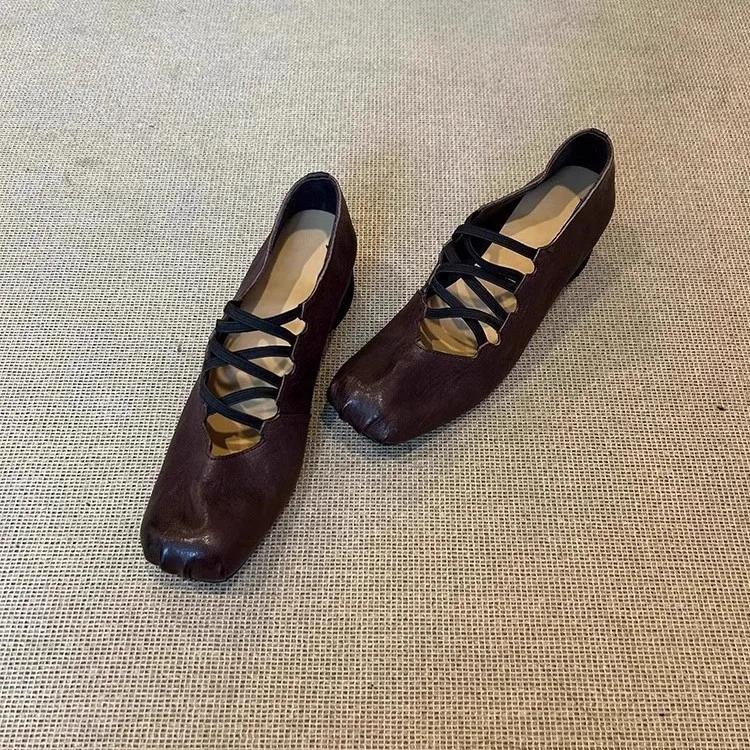 Retro Leather Version Cross Strap Ballet Flats Women's Folded Genuine Leather Square Head Pig Nose Shallow Mouth Shoes