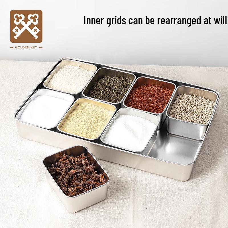GOLDEN KEY Commercial Stainless Steel Multi-Compartment Seasoning Box with Lid