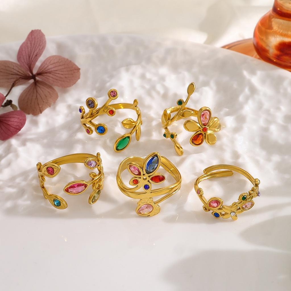 1 Stück Stylischer Ring 18K Vergoldet Mehrfarbig 304 Edelstahl & Zirkonia Offene Ringe Blumenblätter Für Damen Geschenk