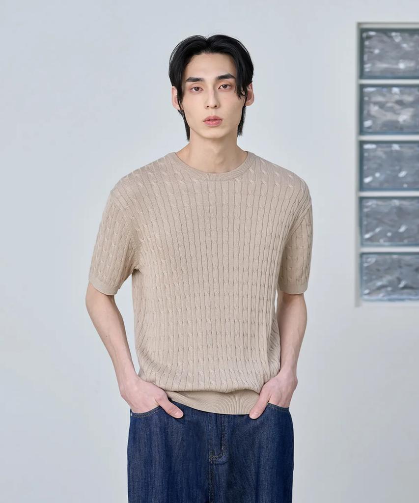 AGOD Cotton Modal Washable Crew Neck Cable Knit [Beige]