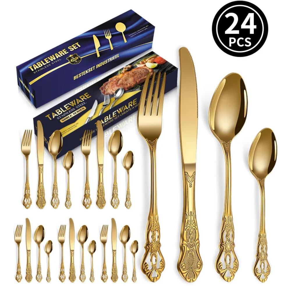 24pcs KuBac Luxury Golden Stainless Steel Steak Knife Fork Set Gold Cutlery Set With Luxury Wood Gift Box 16Pcs Drop Shipping