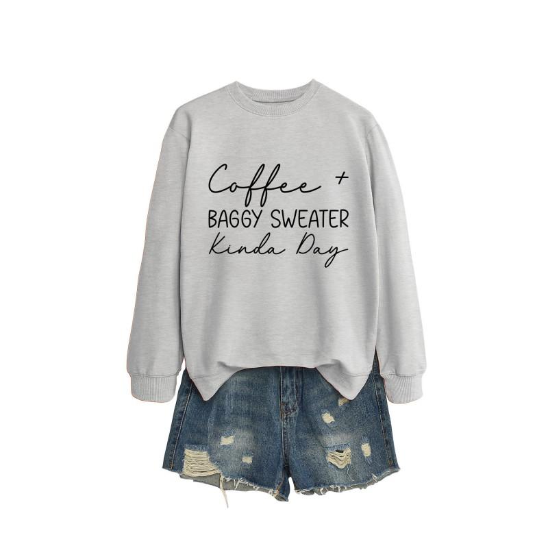 Womens Oversized Round Neck Long Sleeve Cotton Blend Casual Sweatshirt With Print - Loose Fit Comfort Top