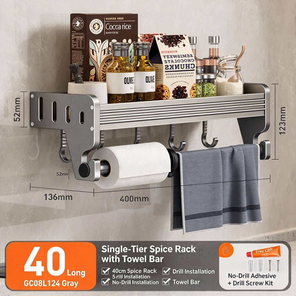 Kitchen Storage Rack Wall Mounted Knife Holder & Spice Organizer Multi-functional Seasoning Storage Shelf for Home No Drilling