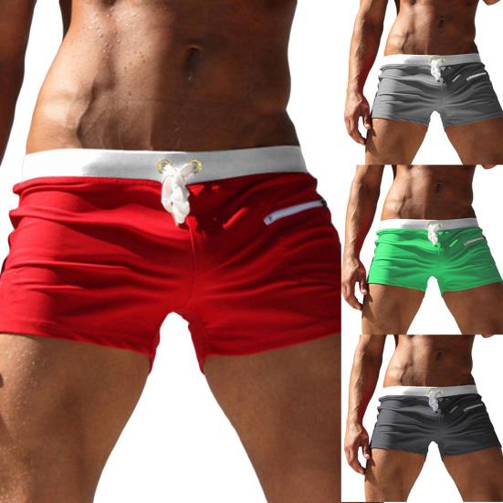 Men Solid Color Swimming Trunks Drawstring Pocket Slim Fit Beach Shorts Swimwear