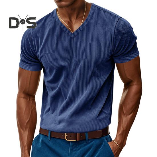 Tricou bărbătesc din velur cu decolteu în V Tricou din tricot cu nervuri pentru bărbați Tricou cu mânecă scurtă Casual Top business pentru muncă, vacanță, stradă