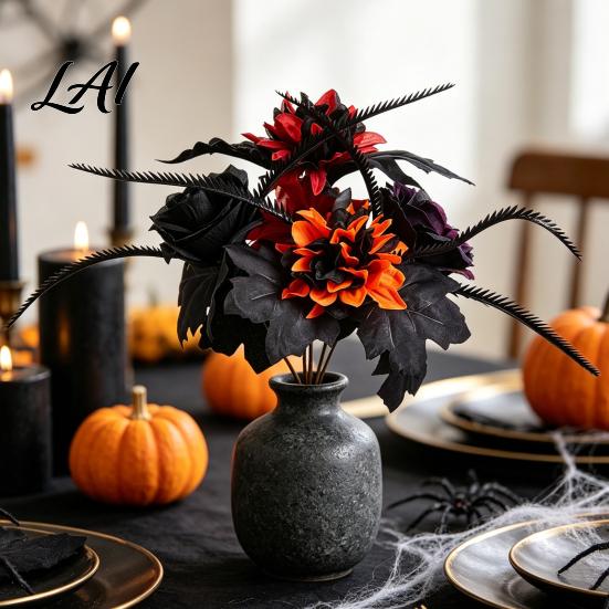 Fake Maple Leaf Decor Halloween Artificial Flower Fall Faux Sunflower Rose Bouquet with Black Maintenance Free Flowers Leaves Autumn Floral