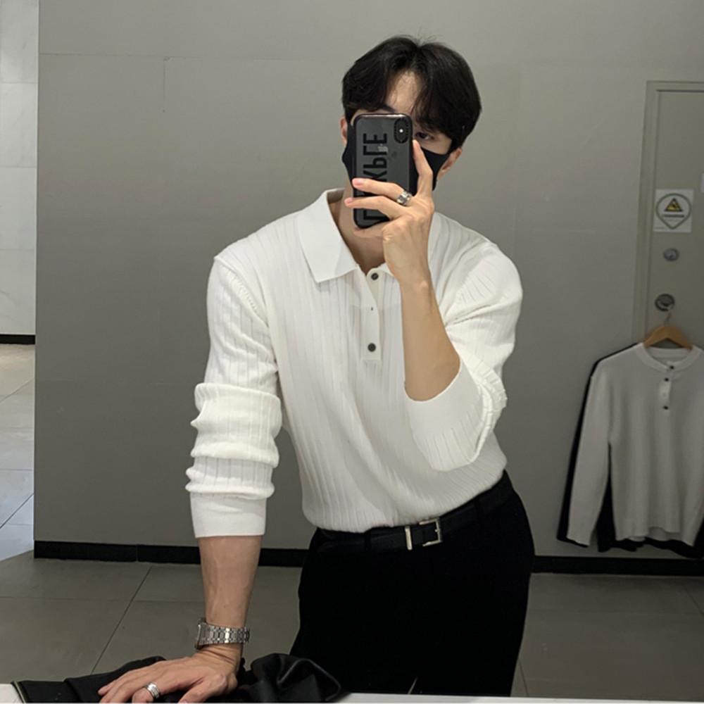 

Мужской легкий трикотажный свитер-поло во французском стиле с отворотом M белый