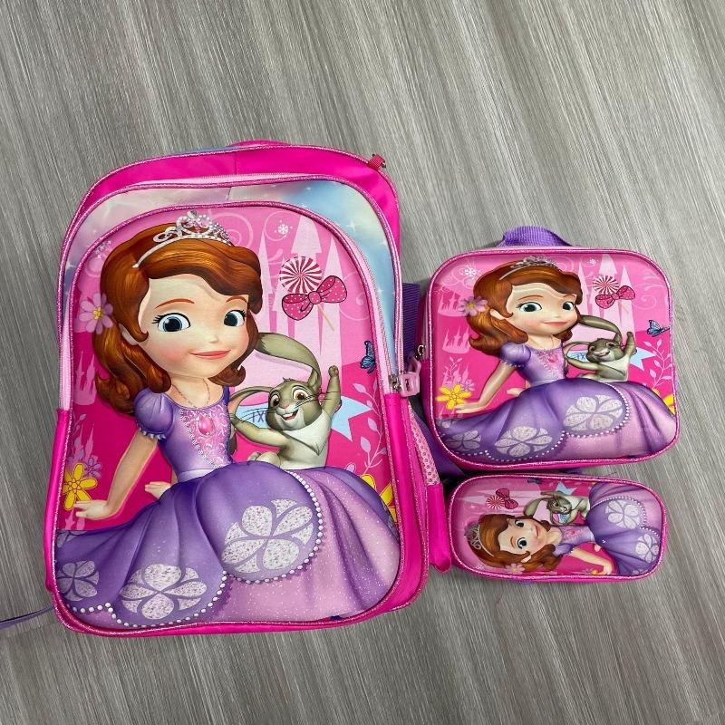Disney Minnie und Disney Prinzessin Kinder Schultasche Rucksack Umhängetasche Handtasche Dreiteiliges Set 3D Nylon Cartoon Rucksack Schüler