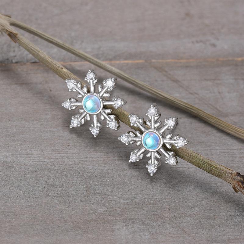 Korean Snowflake Christmas Stud Earrings, Imitation Moonstone Luster Jewelry, Christmas Earrings. *2pcs
