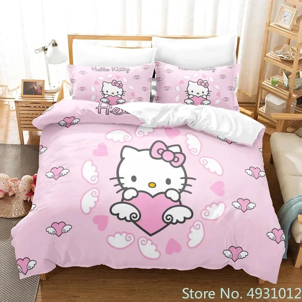 

Милий комплект постільної білизни з ангелом Hello Kitty, наволочка, японська аніме-постільна білизна, 3D-друкована ковдра, підодіяльник, дитячий подарунок для дітей AU Single(140*210cm)3pcs