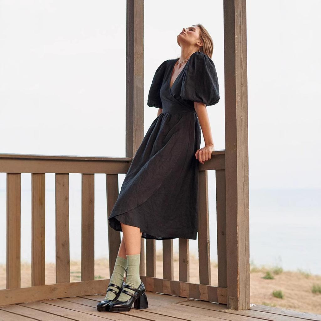 Pure cotton lace-up five-quarter-sleeved long dress, European and American spring and summer new bubble-sleeved dress, long dress for women