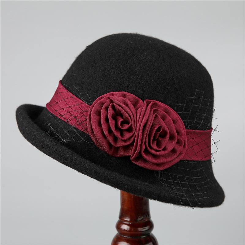 Hatt Dame høst og vinter ull varm bøttehatt Allsidig blomsterkrøllet topphatt Britisk mote ull pottelue