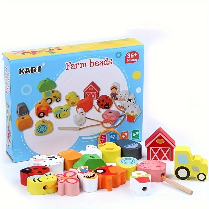 Детская Монтессори деревянная шнуровка, сделай сам деревянные бусины для детей, мультяшные животные, буквы, цифровые бусины, игрушки для нанизывания
