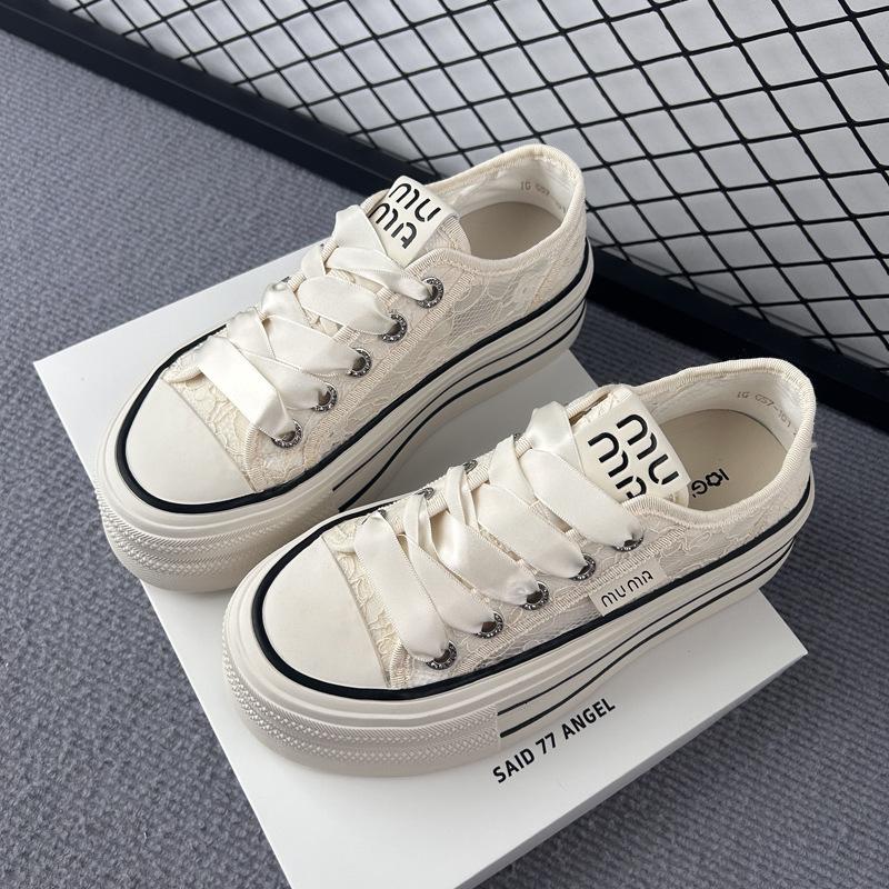 Mesh shoes women's summer thin 2025 new breathable mesh lace thick-soled versatile casual board shoes canvas white shoes
