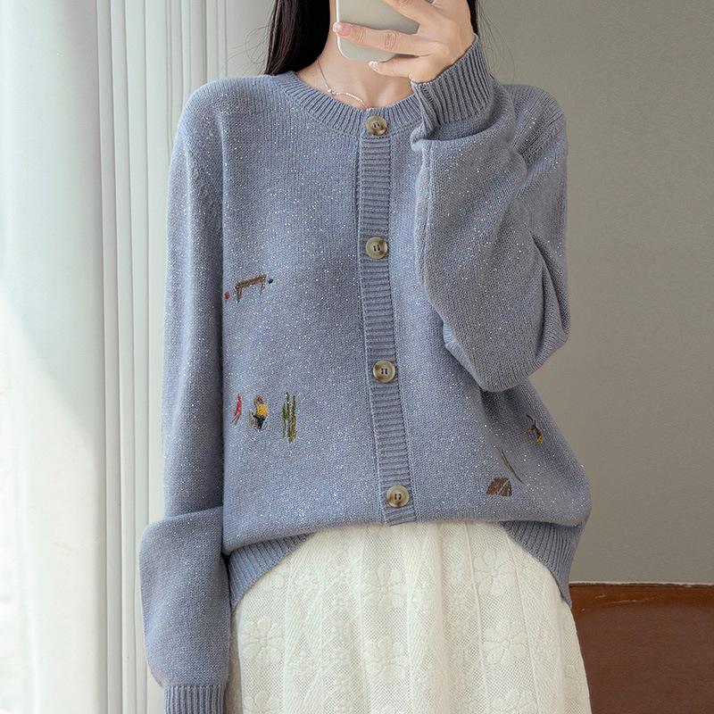 2026 Autumn/Winter Pure Wool Knit Cardigan with Lurex Cactus Embroidery