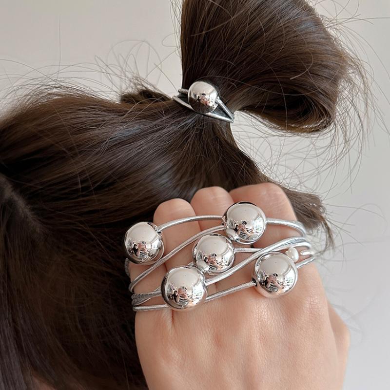 Korean Silver Ball Elastic Hair Ties Ponytail Hair Rope for Women Girl Simple Bead Wedding Party Sweet Headwear Hair Accessories