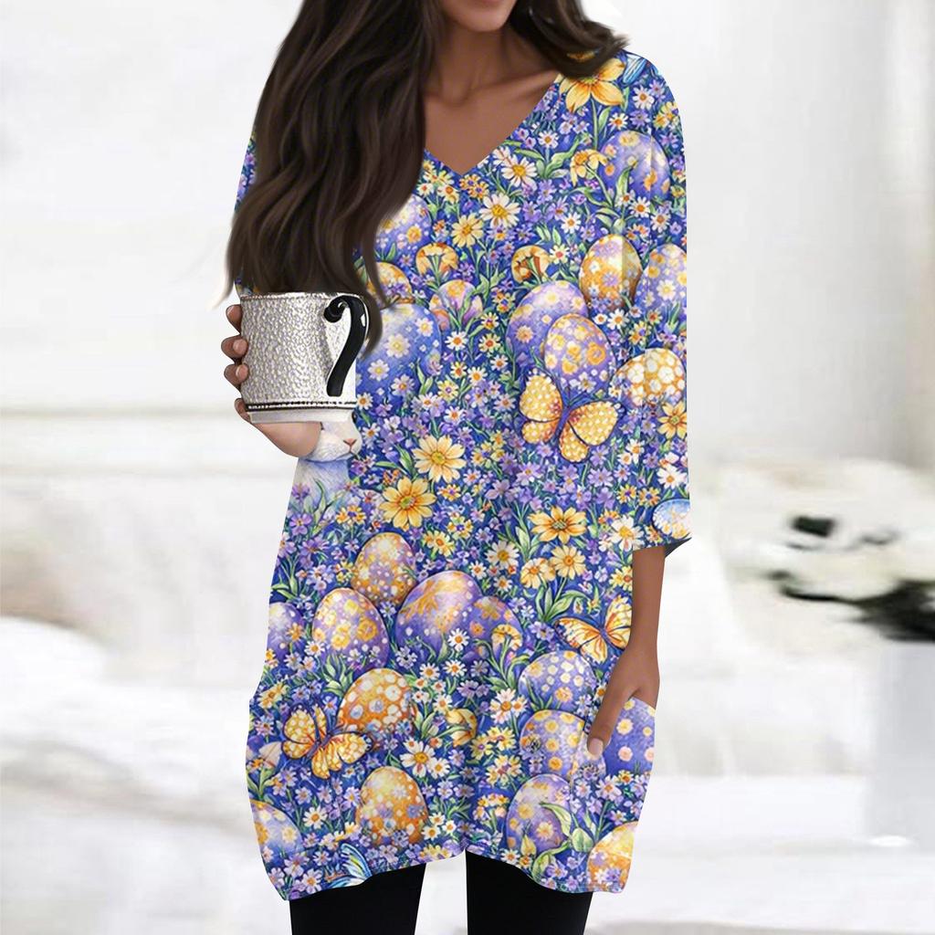 Womens Tops V-neck 3/4 Sleeve Blouses Casual Mid-length Shirts Fashion Print Tunic Tops With Pockets