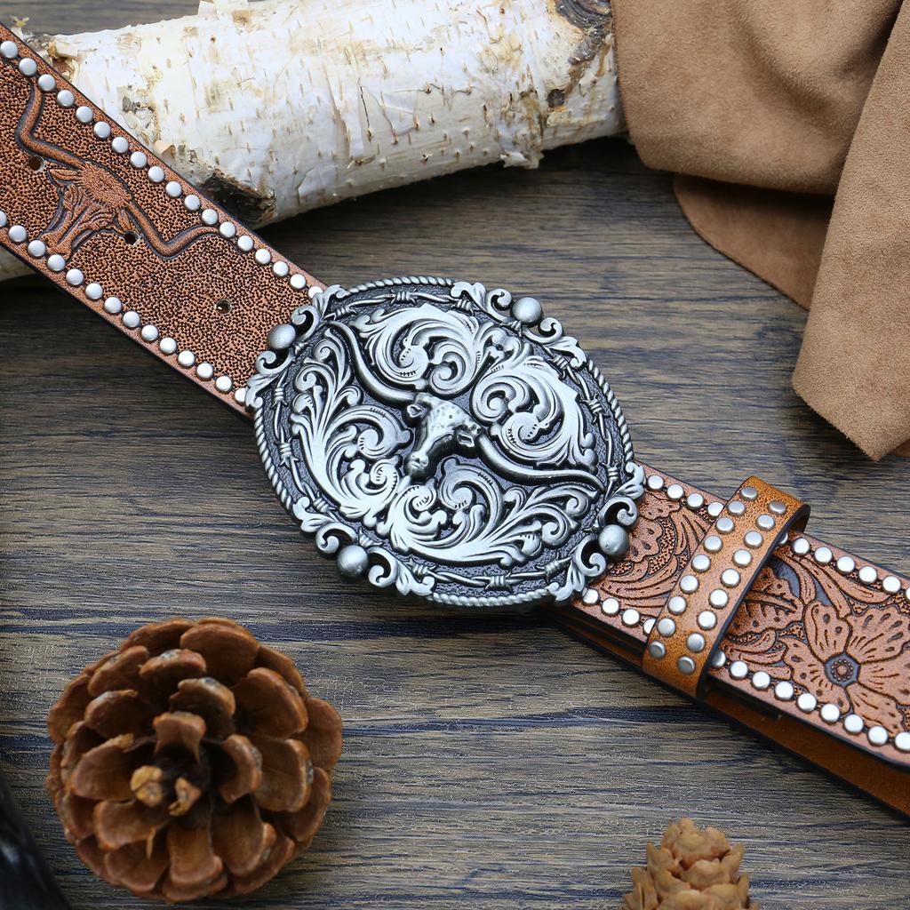 Western Denim Belt Bull Head Big Board Buckle Retro Edge Beads Men'S Punk Hip Hop Pu Leather Belt