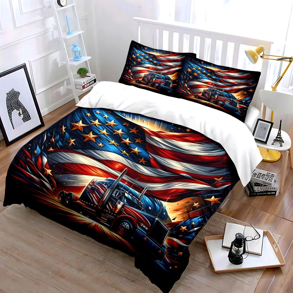 American Flag with Truck Design Bedding Duvet Cover Set Duvet Cover Pillowcases (1 * Duvet Cover 2 * Pillowcases, without duvet insert)