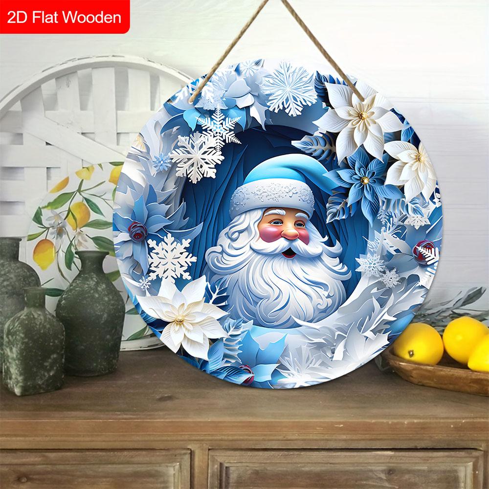 Wooden Christmas Sign with Santa Claus Pattern - Navidad Round Sign for Yard, Front Door, Wall Hanging Decor - Ideal Christmas Decoration
