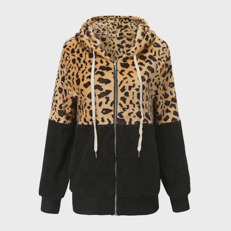 Damen Leopard Print Gespleißter Flauschiger Kapuzenpullover - Winter 2021 Kollektion