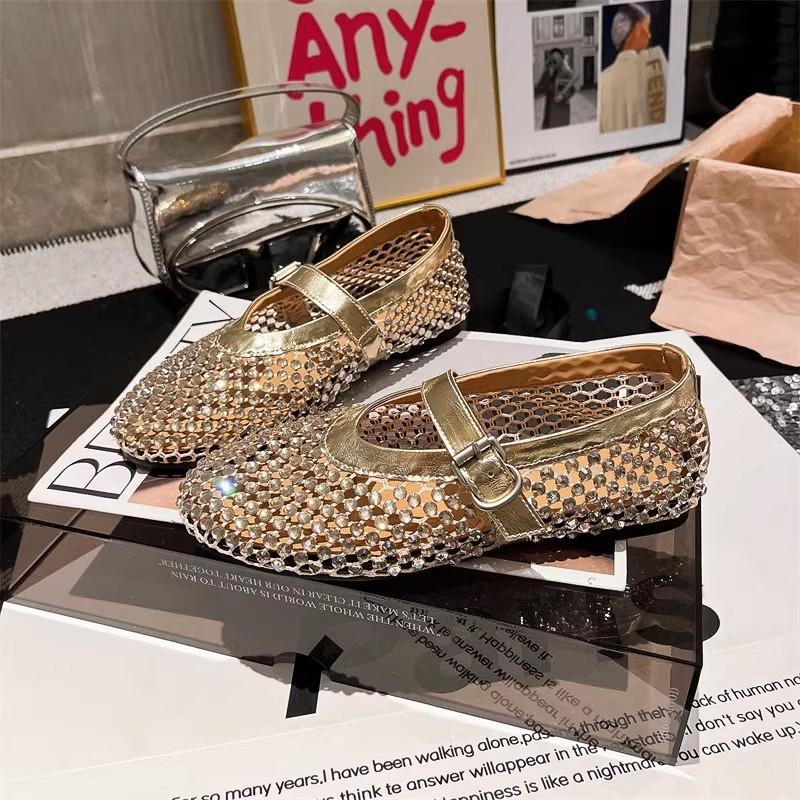 

Rhinestone word Mary Jane hollow mesh height increase 4CM ballet shoes fishing net shoes single shoes loafers women 34 золотой