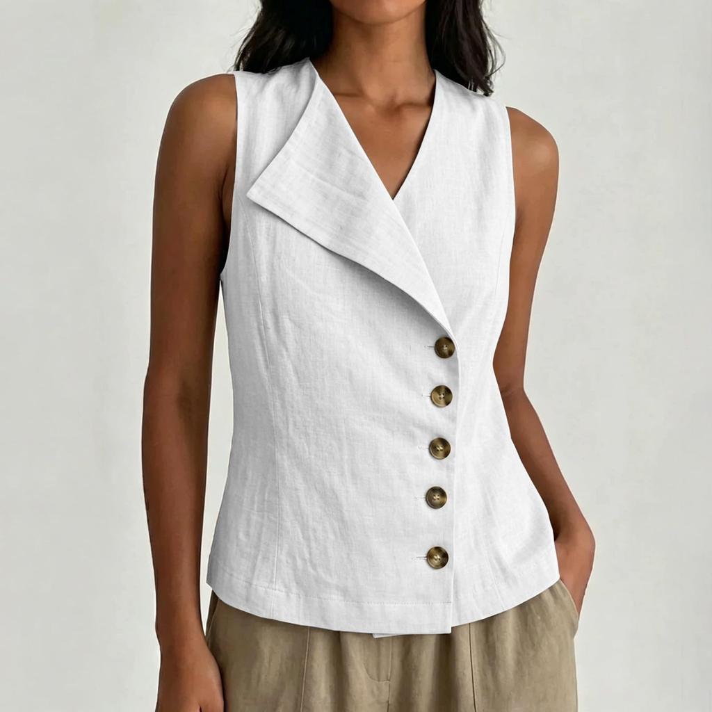 Blusa casual de lino para mujer sin mangas, con botones al frente, cuello en V, ligera, de verano, con cuello asimétrico