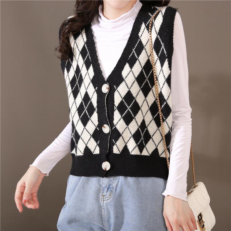 South Korea Dongdaemun Ins Autumn New Loose Thermal Sweater Vest Women's Fashion V-neck Plaid Knitted Vest