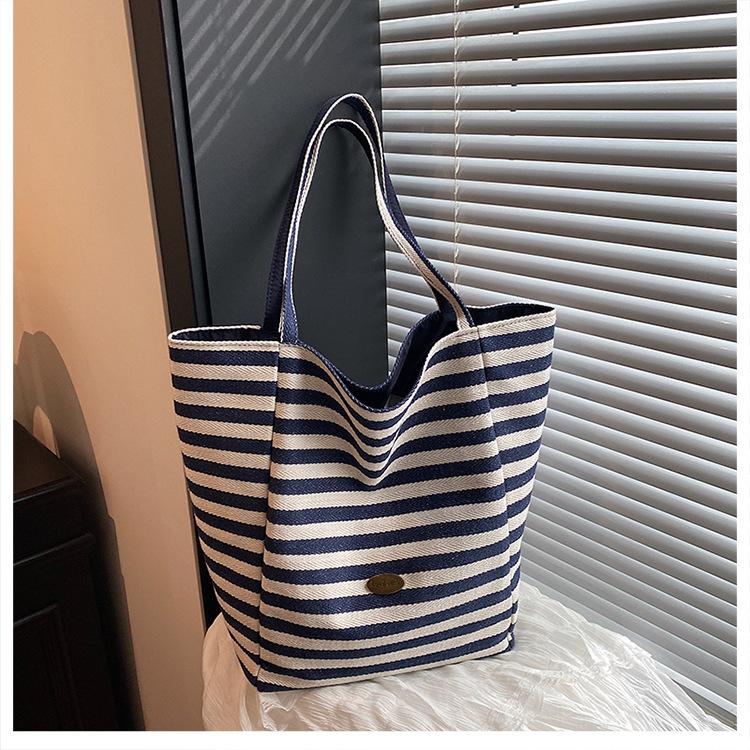 Striped canvas bag bag 2025 new Korean style ins tote leisure bag single shoulder large capacity tote bag shopping bag