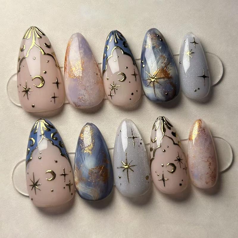 Three-dimensional star and moon smudge wave French streamer cat's eye removable manicure 24 pieces press on nails