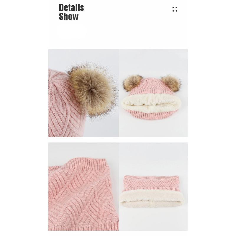 Children's Knitted Three Piece Set with Winter Plush Ball Warm Hat, Scarf, Glove
