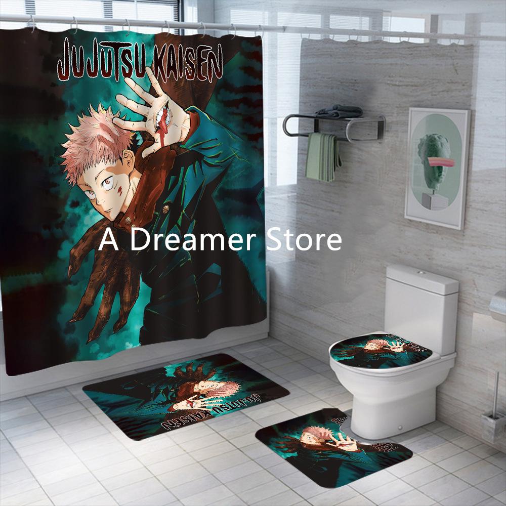 Nuovo Set Tenda da Doccia Anime Jujutsu Kaisen 4 Pezzi Poliestere Impermeabile Tende da Bagno per Adulti Ragazzi Decorazione Tappetini da Bagno Tappeti