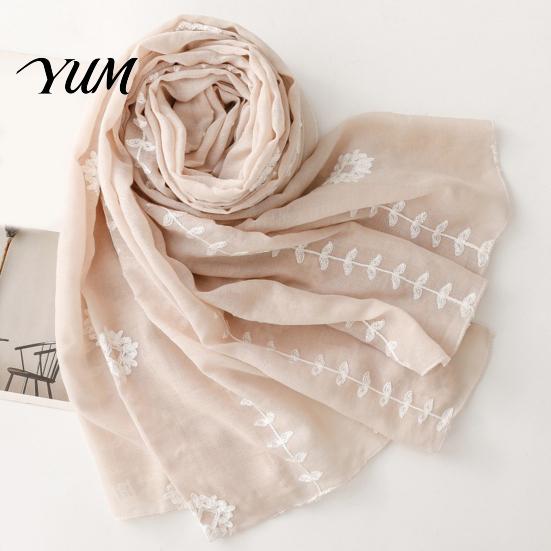 Soft Decorative Neck Scarf Solid Color Embroidered Shawl for Women, Lightweight Gauze with Floral Vine Texture, 180x90cm Breathable Wrap Spring Summer