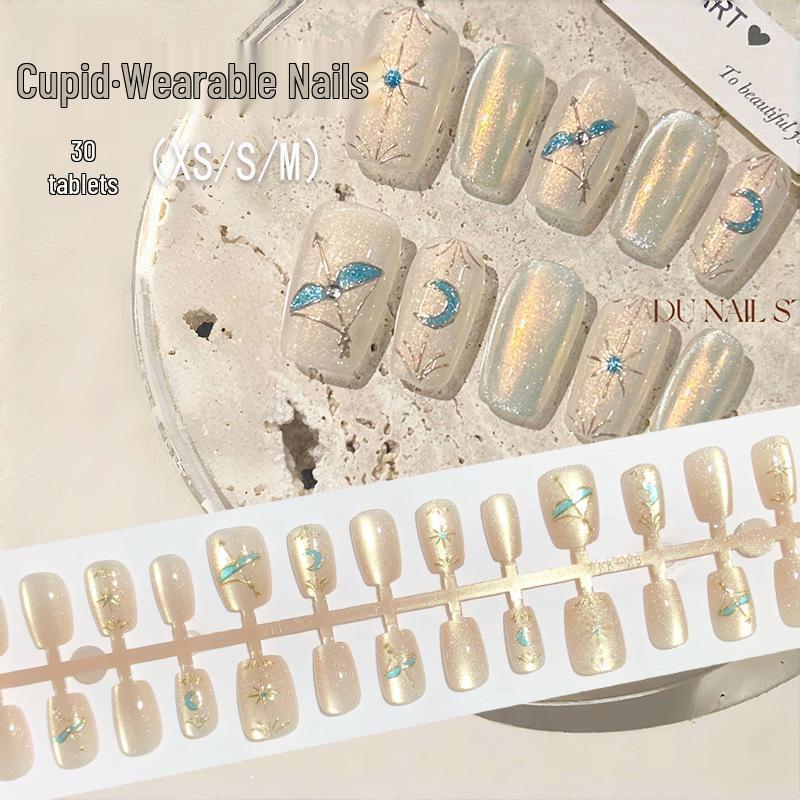 

Aurora Peacock Blue Cat Eye Press-On Nails with Polarized Bohemian Teardrop Art