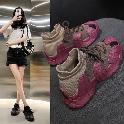 Running Shoes New Fly-woven Sports Shoes Casual Thick-soled Lightweight Elastic Socks Shoes Women's Spring and Autumn