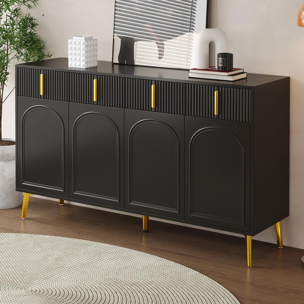 Sideboard mit goldenen Griffen und Beinen, 4 Türen, 4 Schubladen, mit abnehmbarer Laminatplatte, geeignet für Wohn- und Esszimmer, 140*38*82 cm.