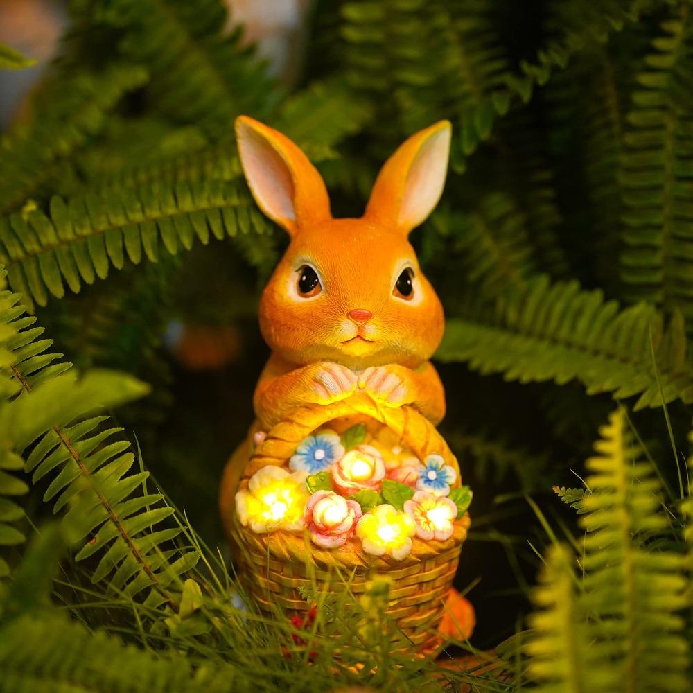 Solar Resin Rabbit Statue With Light Flower Basket Outdoor Garden Yard Decor Lamp