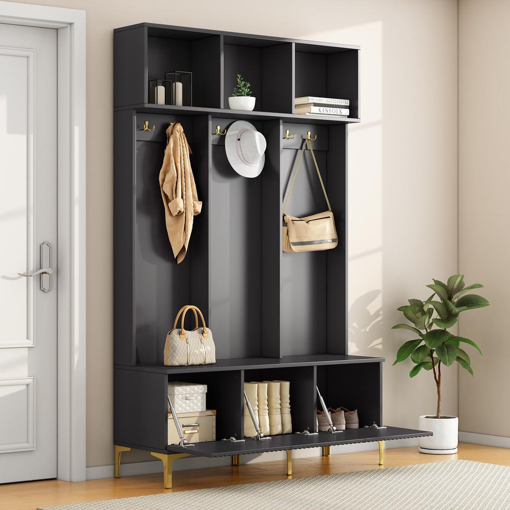 Wardrobe Set: Hallway Wardrobe with Bench, Shoe Cabinet, 6 Hooks, Coat Rack, Locker, Open Storage