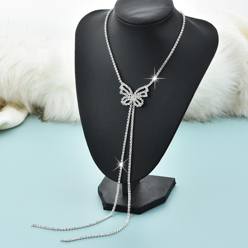 Female Bright Diamond Collarbone Butterfly Long Chain Necklace, Fashionable Versatile Temperament Sweater Chain K5 белый