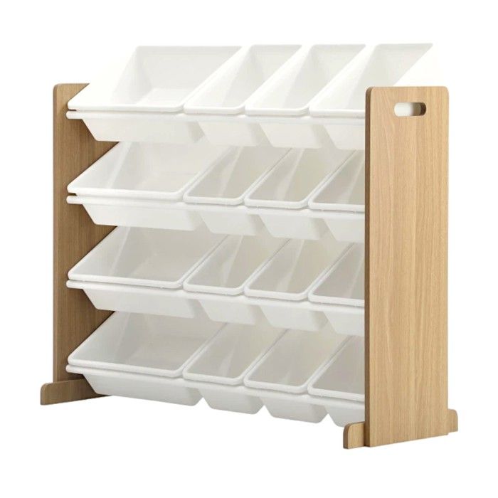 GINGER HOME – Children's Toy Organizer with 16 Bins (4 Large + 12 Small), Structure MDF/metal, Wood/white, 107×26.5–38×78 Cm