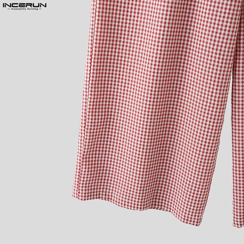 INCERUN Men Drawstring Elastic Waist Plaid Print Casual Long Wide Leg Pants Trousers